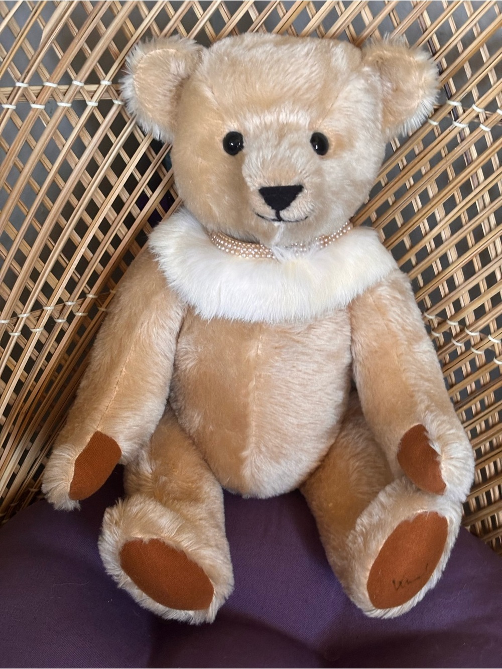 Vintage 1980s Althans Mohair 5 Jointed Teddy Bear Stuffed Animal with Fur Collar